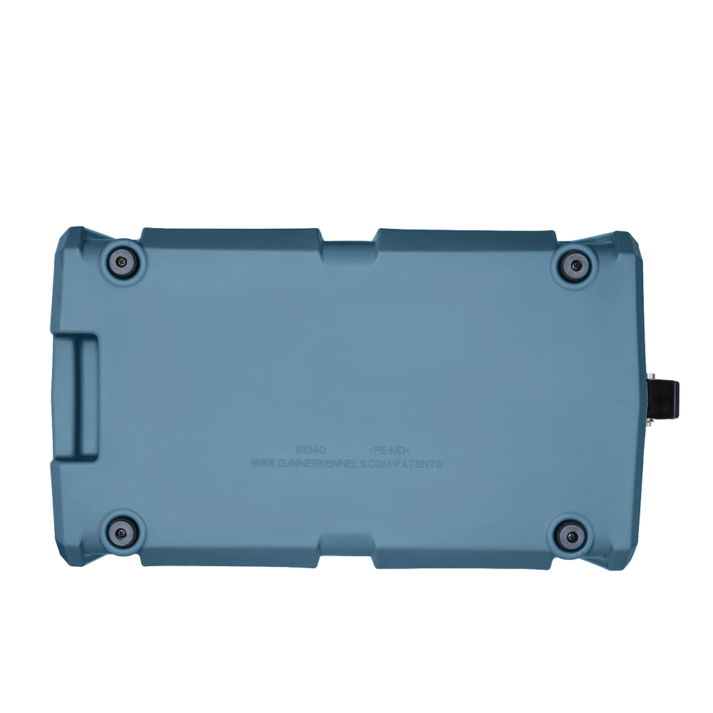 The GUNNER FOOD CRATE - Ducks Unlimited Blue is a blue, rectangular plastic container with rounded corner feet and a handle, designed by GUNNER as an airtight dog food storage case.