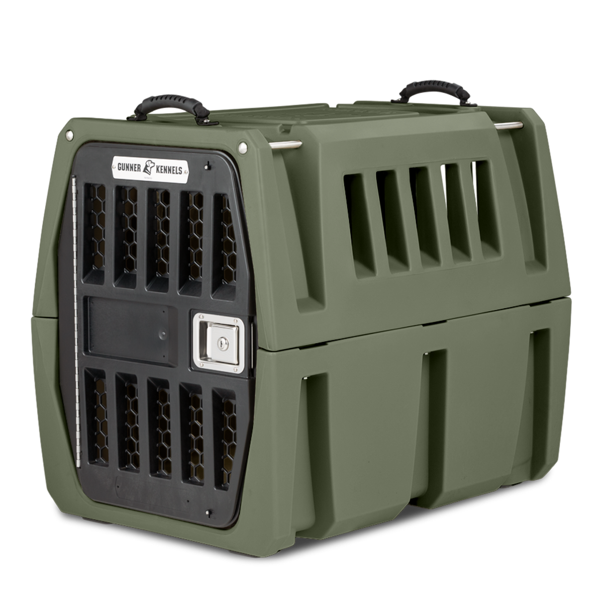 The GUNNER G1™ KENNEL in Gunner Green is a double-walled, American-made dog crate with a black vented front door, side vents, metal top handles, and a silver latch—engineered for safe and reliable pet transport.