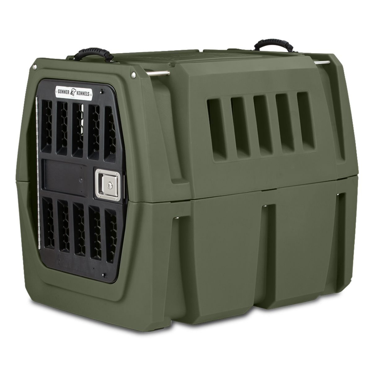 The GUNNER G1™ KENNEL in Gunner Green features double-walled, hard-sided construction, ventilation slits, a sturdy metal door, and top handles—made in America for safe pet transport.