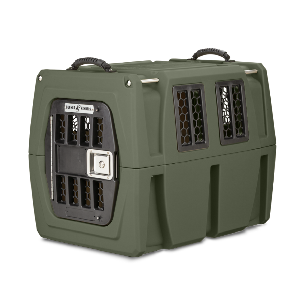 The GUNNER G1™ KENNEL in Gunner Green is a double-walled, American-made pet crate with black metal ventilation grilles, secure locking door, and top handles for easy carrying—designed for safe animal transport.