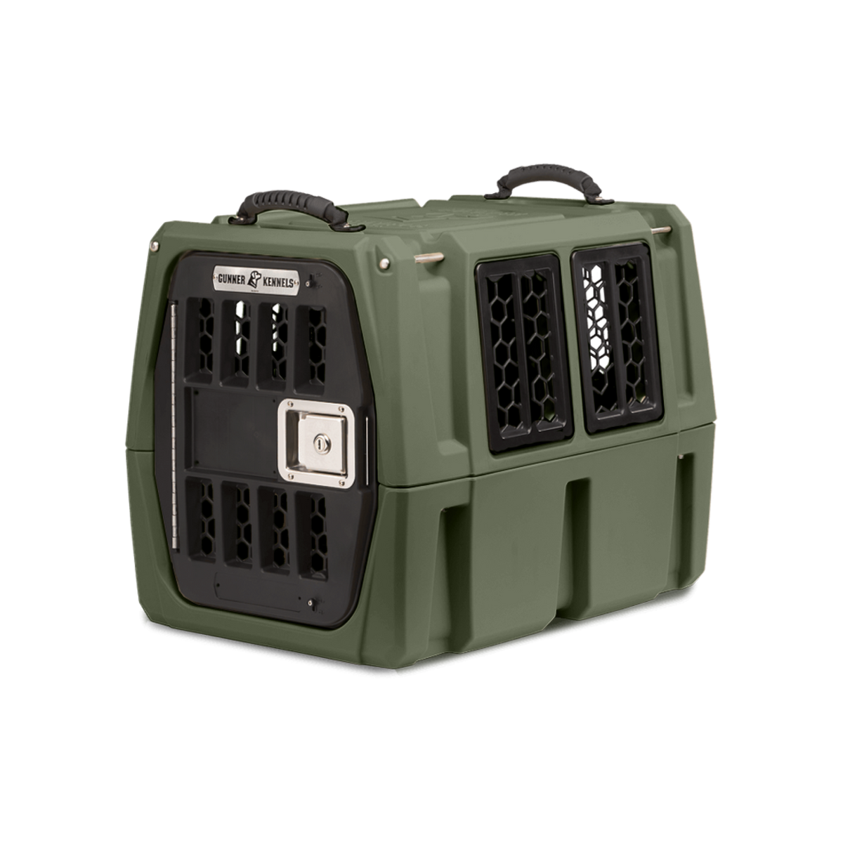 The GUNNER G1™ KENNEL in Gunner Green is a durable, American-made double-walled dog crate with black ventilation panels, a secure metal door, and top handles—one of the safest options for your pet.