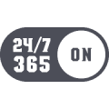 A dark oval switch graphic with 24/7 365 on the left and ON on the right, representing outdoor gear or a dog crate thats available all day, every day, year-round.