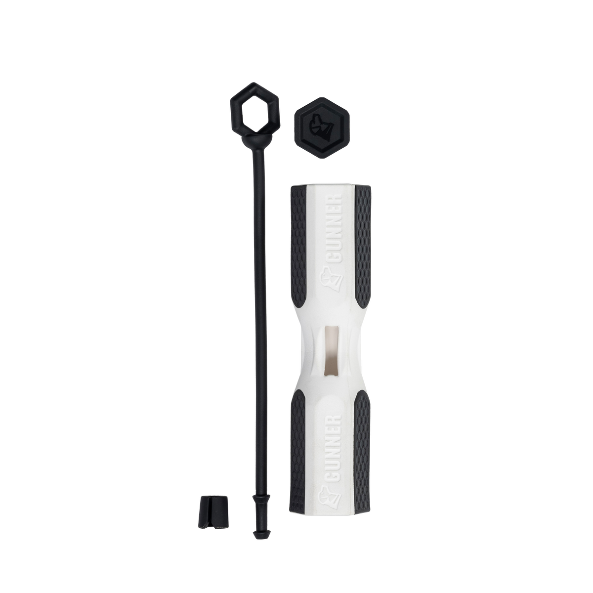 The GUNNER BUMPER by GUNNER—a white and black cylindrical tool with a hexagonal cap, a matching long stick, and a small piece—helps you save time, all neatly arranged on a light background.
