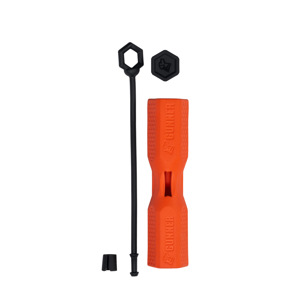 The GUNNER BUMPER by GUNNER is an orange textured chew toy featuring the brand’s logo, shown with a black hex cap, stick, and small piece—premium tools to help you bond with your dog, all displayed on a white background.