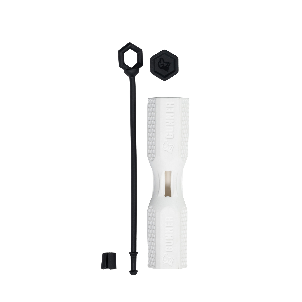 The GUNNER BUMPER by GUNNER is a white textured dog treat holder featuring a black hexagonal cap, a long black stick with a hexagonal end, and a small black piece—tools designed to strengthen your bond with your dog.