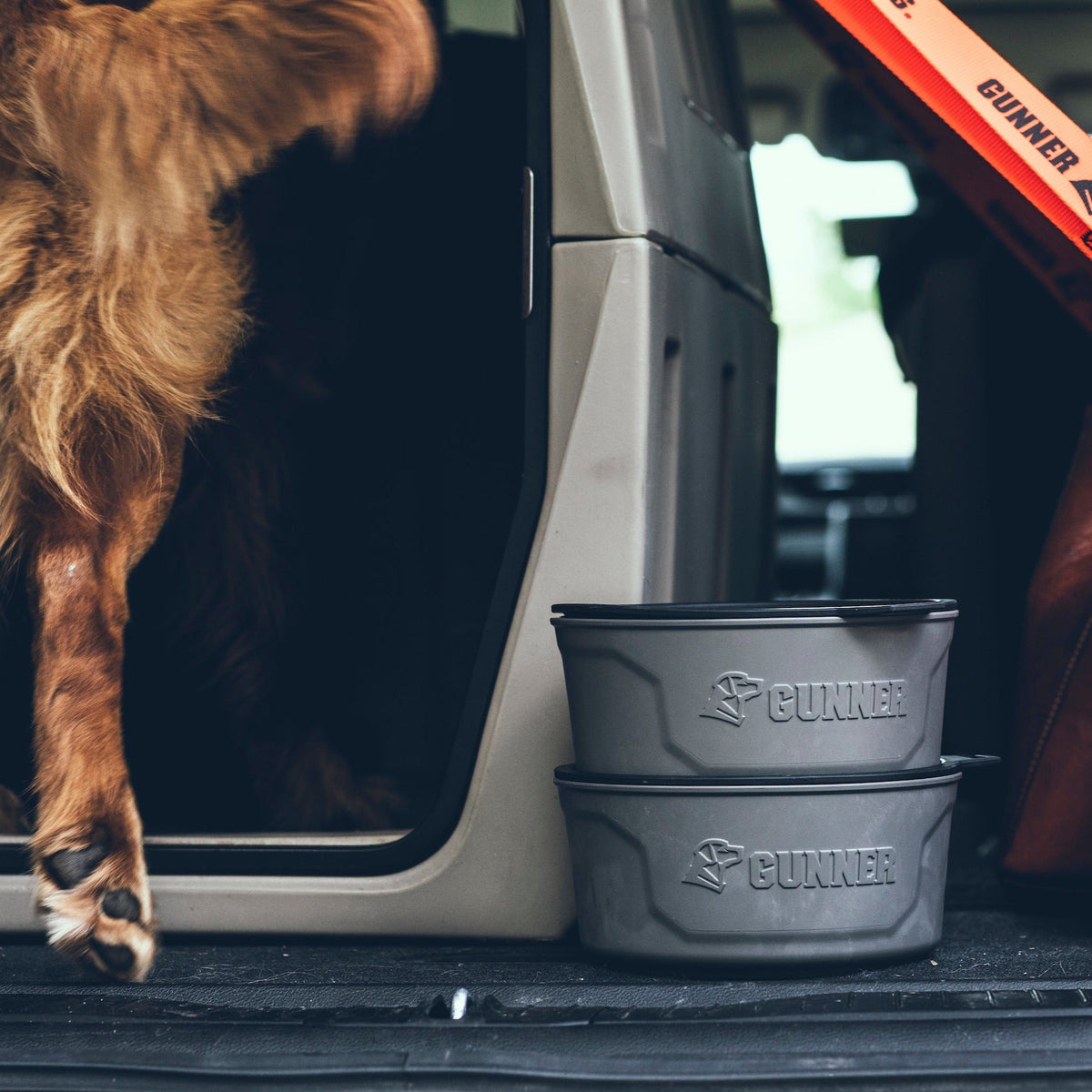 A brown dog steps out of a vehicle beside two stacked GUNNER DOG BOWL - GUNMETAL bowls from GUNNER, with an orange strap visible in the background.