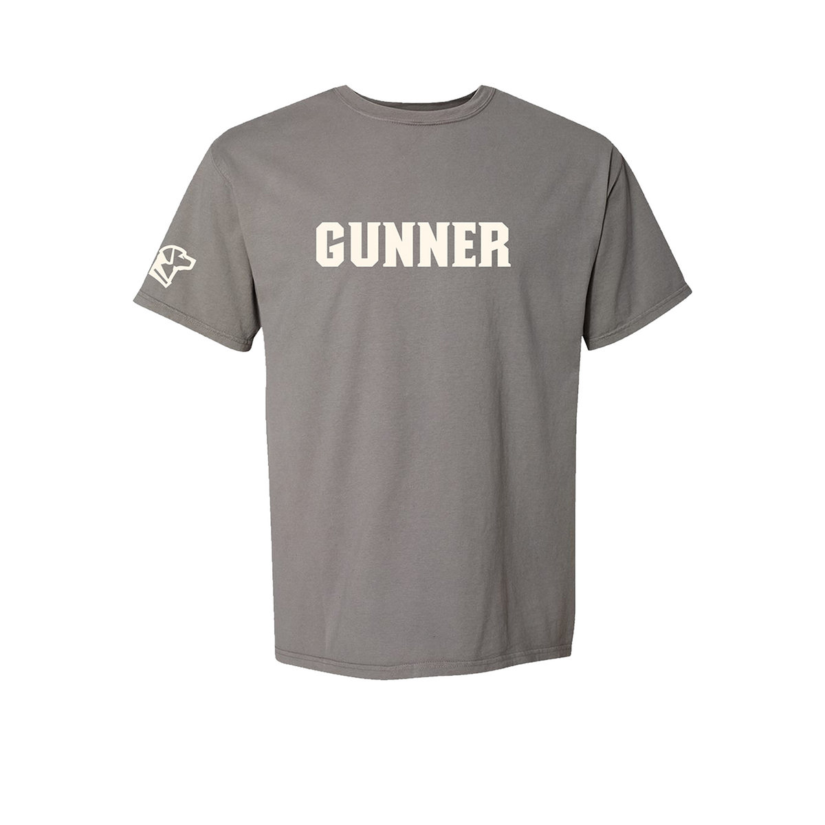 The GUNNER Tee by GUNNER features bold white GUNNER lettering across the chest and a white graphic logo on the left sleeve. This gray short-sleeve t-shirt is showcased against a clean white background.