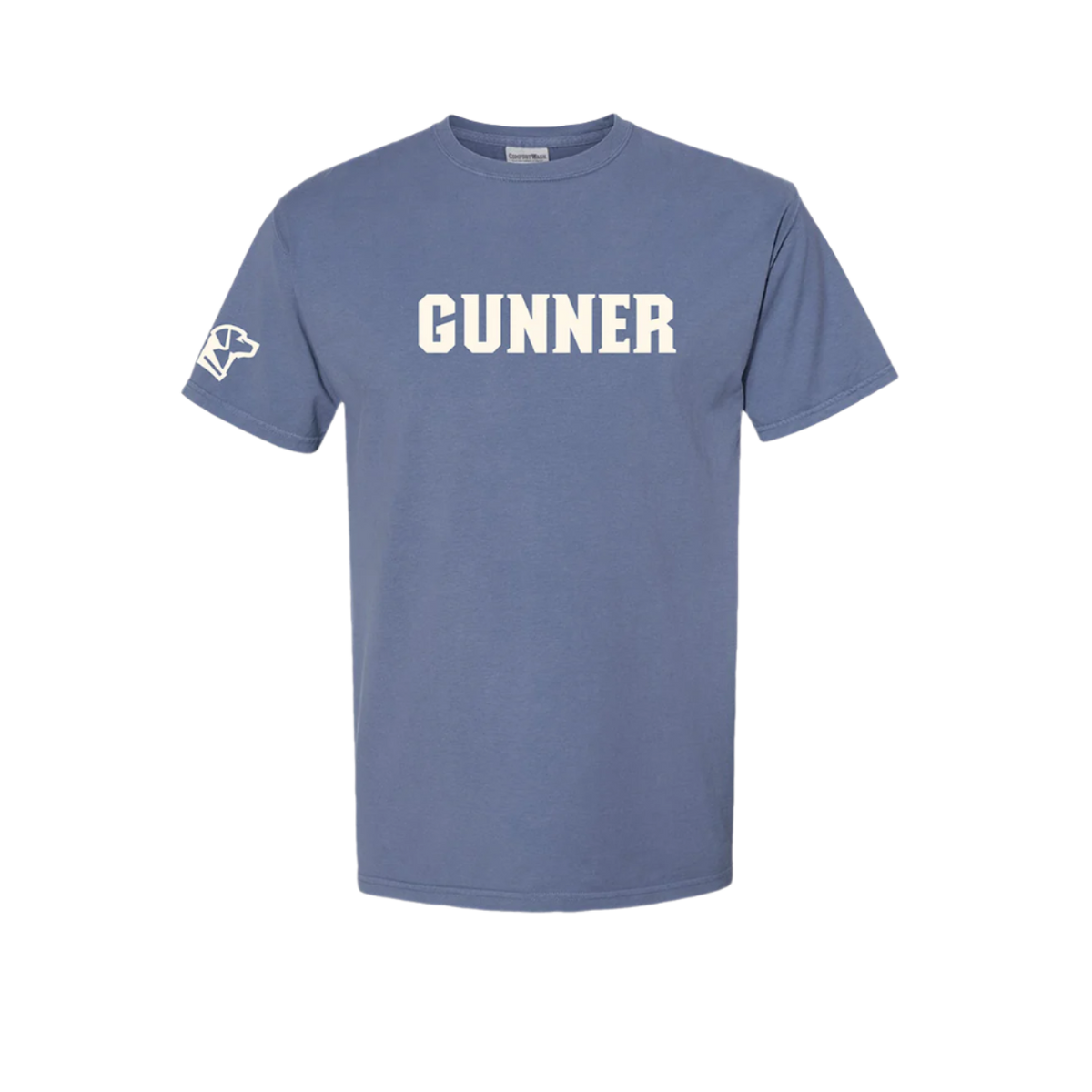 The GUNNER Tee by GUNNER is a blue short-sleeve shirt featuring GUNNER in bold white letters on the chest and a small white graphic on the left sleeve.