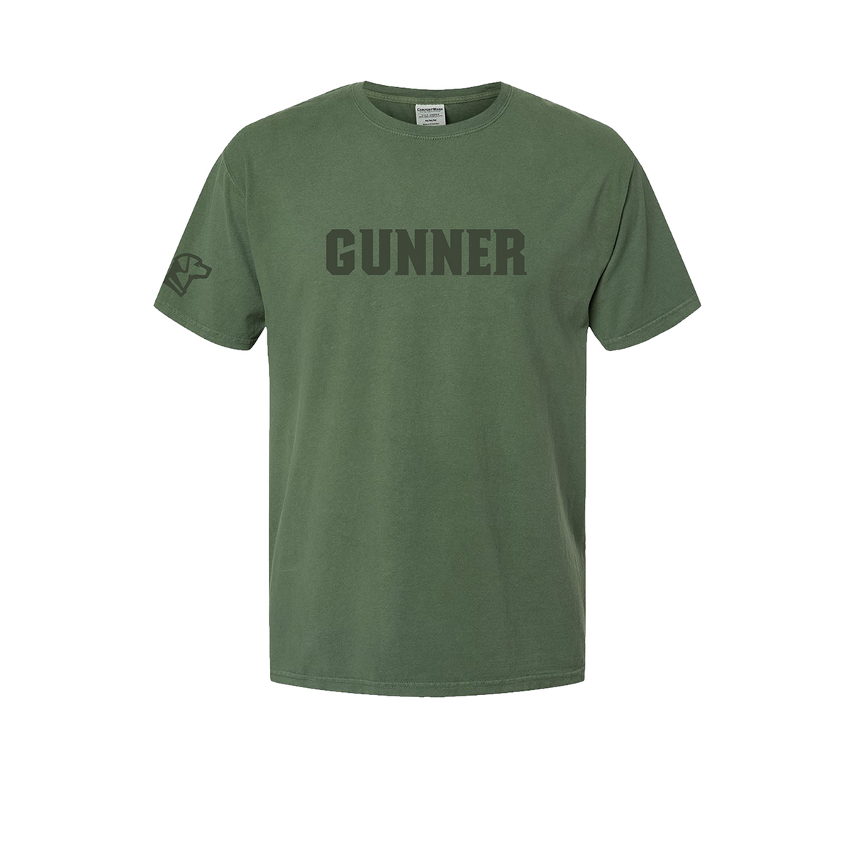 The GUNNER Tee by GUNNER is an olive green shirt featuring GUNNER in large, bold dark letters across the chest and a small graphic on the left sleeve.