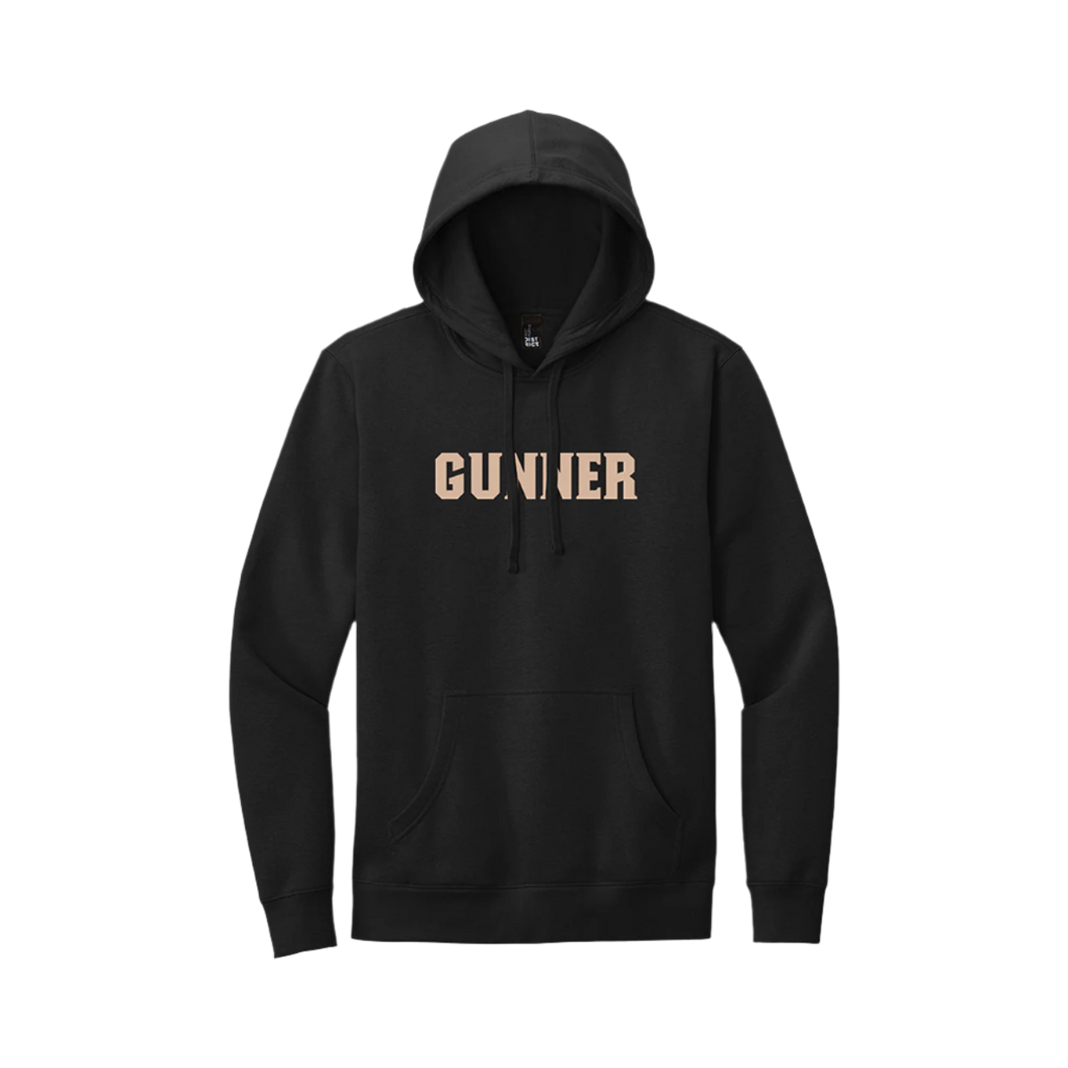 The GUNNER Hoodie by GUNNER is a black fleece hoodie featuring a front pocket, drawstrings, and bold tan GUNNER block letters across the chest—ideal for chilly camp mornings.