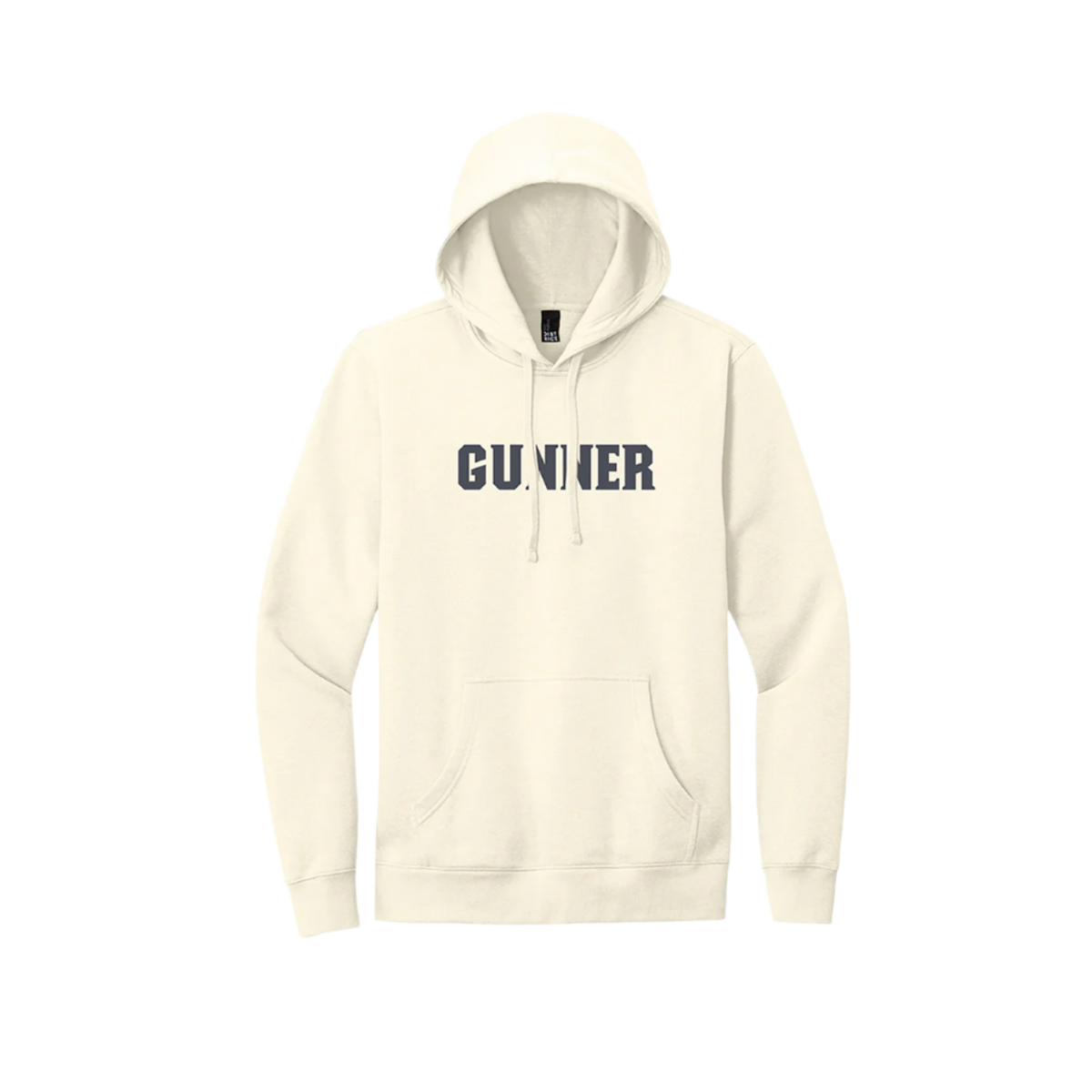 The GUNNER Hoodie by GUNNER is a cream fleece hoodie with bold GUNNER lettering on the chest, front pocket, and drawstrings—ideal for camp or chilly mornings.