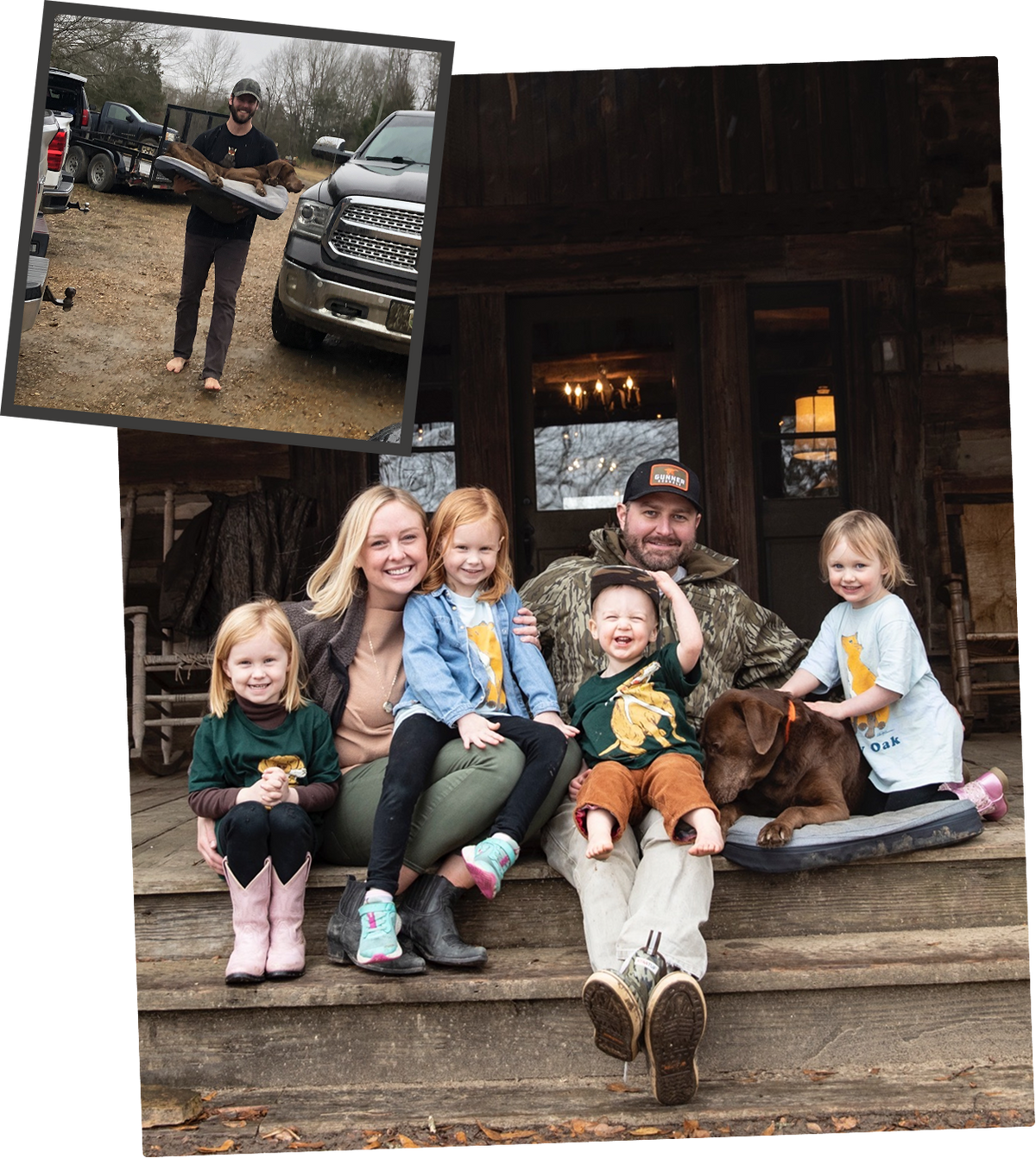A smiling family with four children and a hunting dog sits on a wooden porch. In the inset, a man stands barefoot holding a large fish in front of a parked truck.