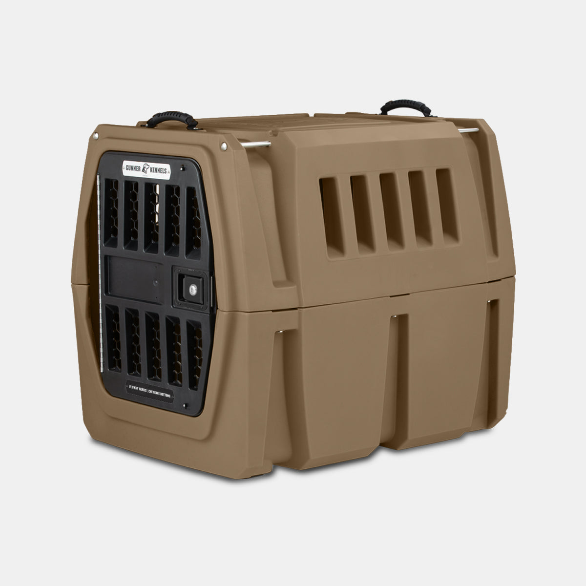 A tan plastic pet carrier with black ventilation grates and handles, shown on a light gray background.