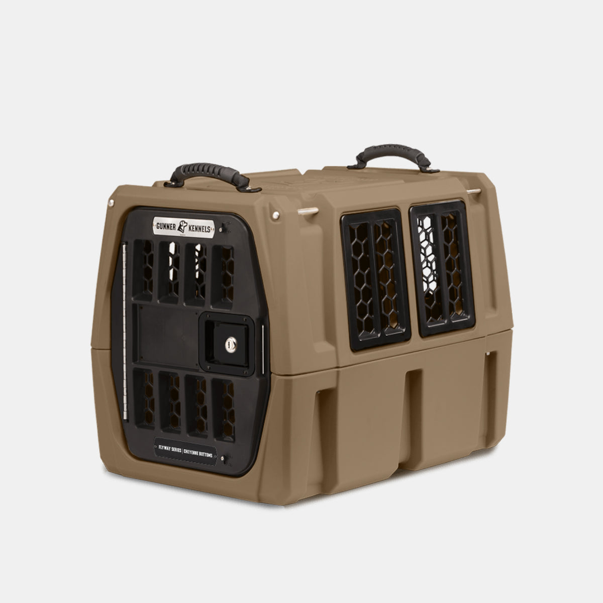 Introducing the GUNNER G1™ KENNEL - Cheyenne Bottoms: a durable brown plastic pet kennel featuring a secure black front door, side ventilation windows, and convenient top carrying handles—ideal for travel along the Central Flyway or exploring Cheyenne Bottoms.