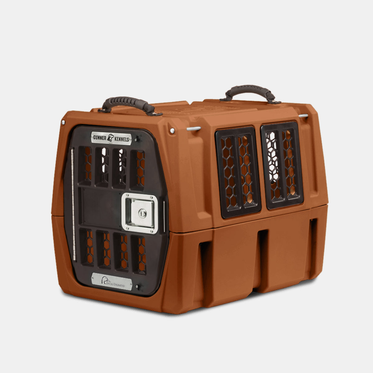 The GUNNER G1™ KENNEL - Ducks Unlimited Orange is a durable pet carrier with black metal mesh doors, side vents, dual top handles, and a secure latch—perfect for waterfowl habitat travel.