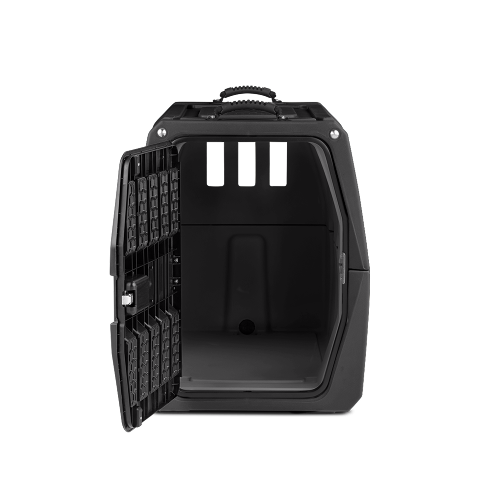 The GUNNER G1™ KENNEL - BLACK is a spacious, secure plastic dog crate with top handle, open front door, back ventilation slots, and a roomy interior—perfect for your pets comfort and safety.