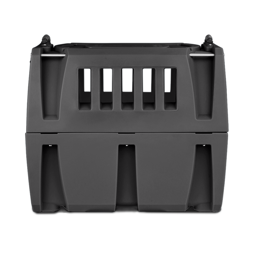 The GUNNER G1™ KENNEL - BLACK is a durable dark gray dog crate with vertical front ventilation slits and secure top-corner latches, shown against a plain white background.