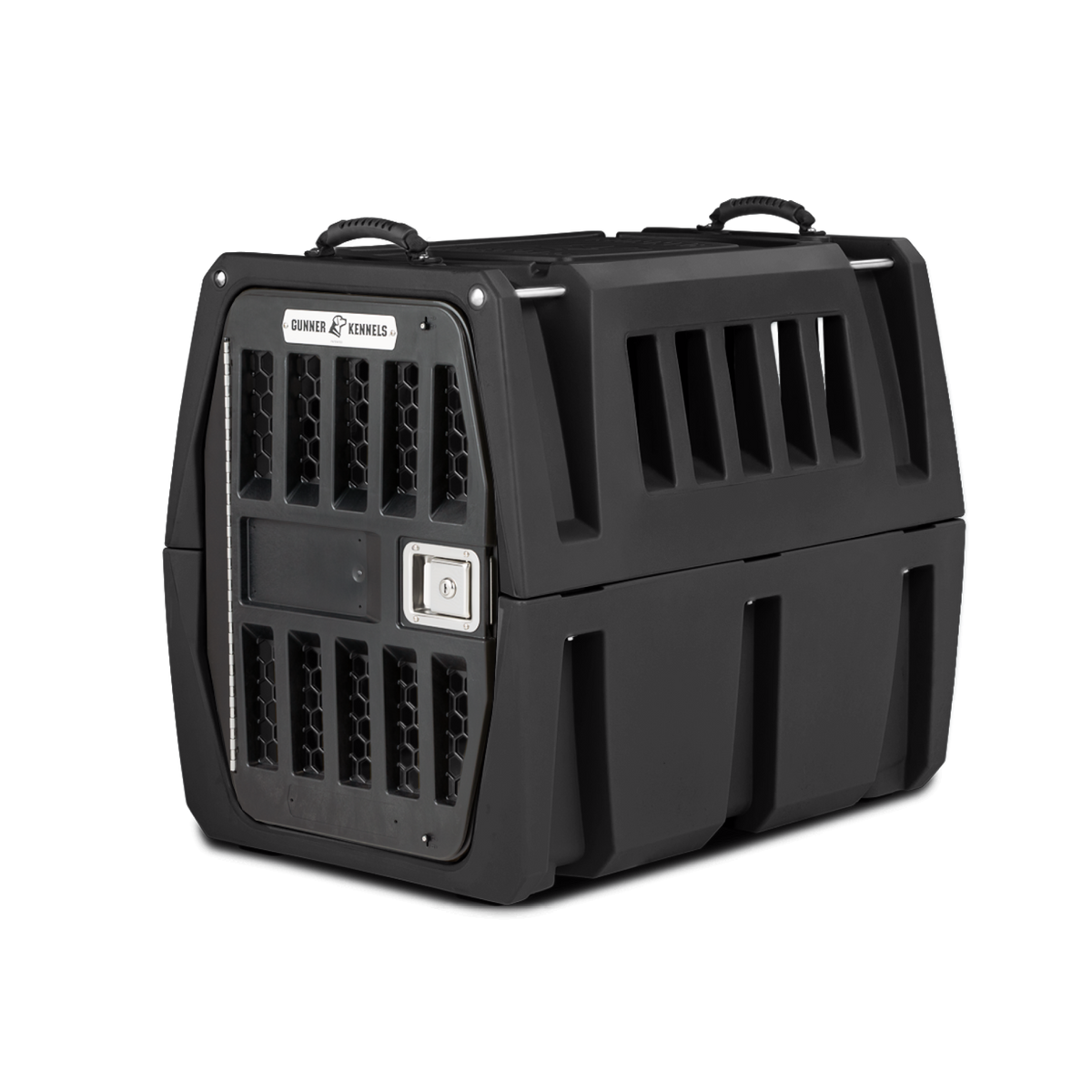 The GUNNER G1™ KENNEL - BLACK is a tough plastic dog crate with a secure metal door, side ventilation slats, and top carrying handles—perfect for safely transporting pets.