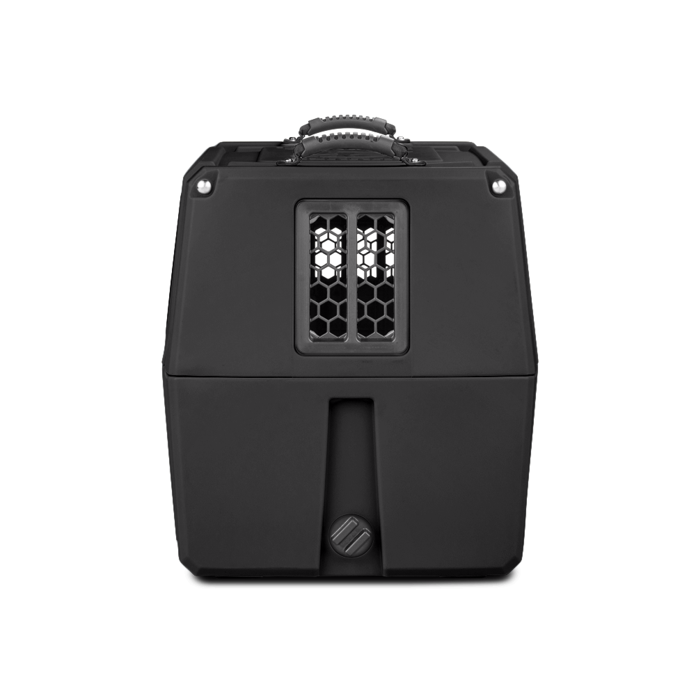 The GUNNER G1™ KENNEL - BLACK is a hard-sided dog crate featuring a front vented window and sturdy top handle, designed for safe pet travel. Shown against a plain white background, its among the toughest options available.