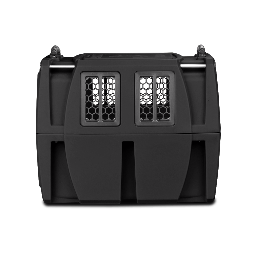 The GUNNER G1™ KENNEL - BLACK is a durable, hard-sided pet carrier with dual front mesh windows for ventilation and safety, shown on a plain white background.