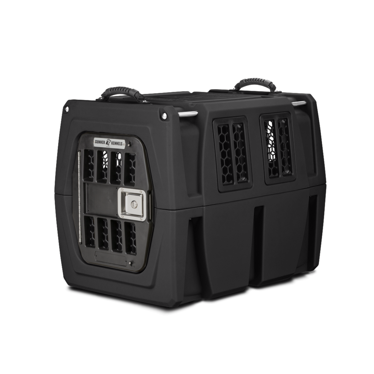 The GUNNER G1™ KENNEL - BLACK is a tough dog crate with side and front ventilation grilles, a secure metal door, and two top handles for easy carrying—perfect for safe, comfortable pet travel.