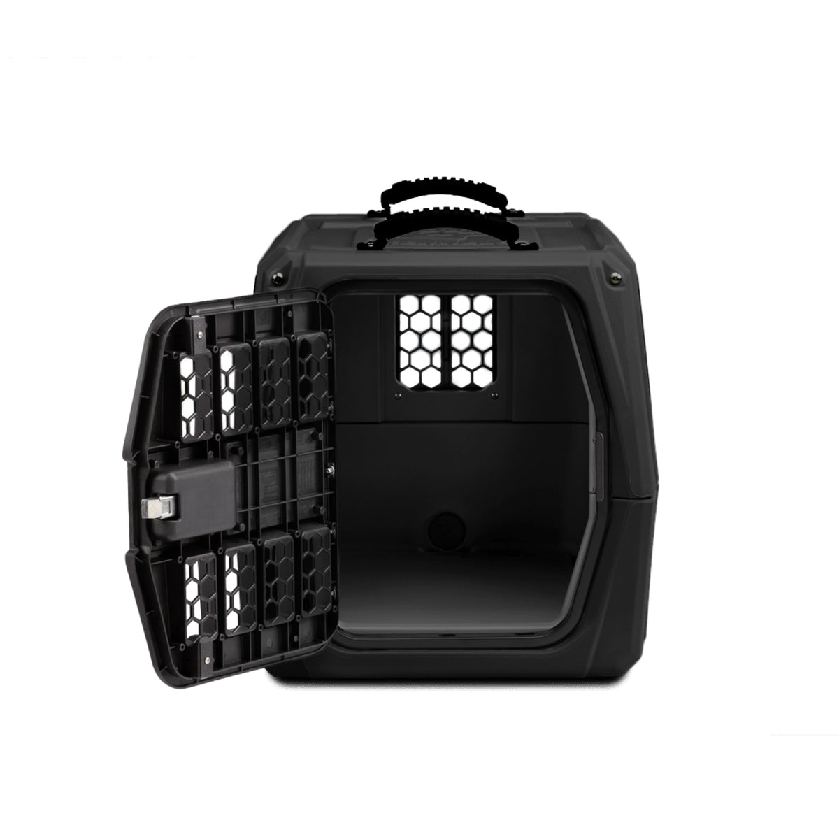 The GUNNER G1™ KENNEL - BLACK is a durable plastic dog crate with a sturdy handle, metal grid door, and ventilated side windows, offering safe and secure travel or home use for your pet.