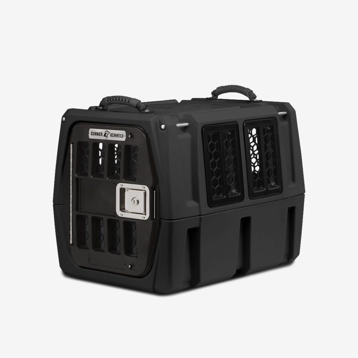 The GUNNER G1™ KENNEL - BLACK features ventilation slots, a secure metal latch, and top handles. Sturdy and reliable, its ideal for safely transporting animals.