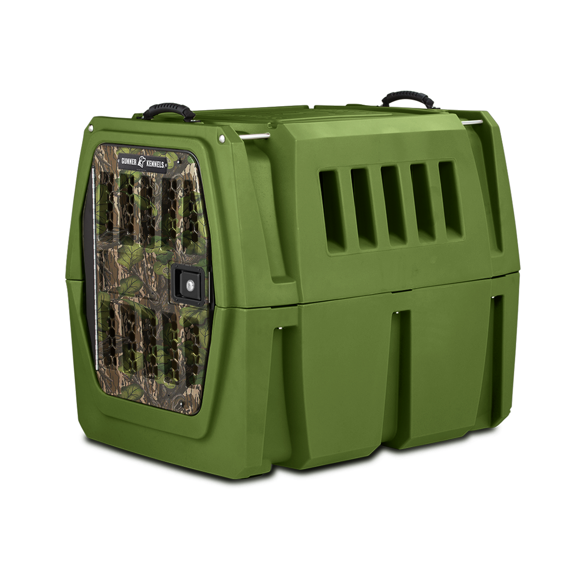 The G1™ Kennel by GUNNER is a sturdy, green double-walled dog crate with a camo metal door, side ventilation slots, black carrying handles, and shock protection—one of the safest options for your pet’s comfort.