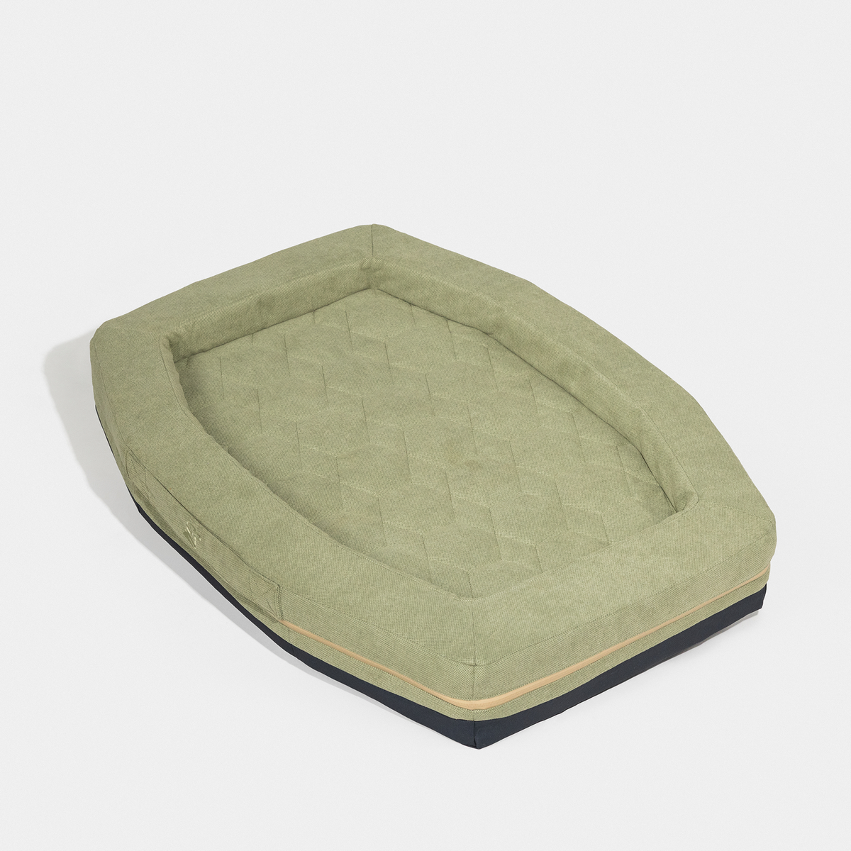 The HOMESTEAD DOG BED - GUNNER Yard by GUNNER is a rectangular olive green pet bed with durable raised cushioned sides, a quilted base, beige accent stripe, and an easy-to-clean dark base, shown on a white background.