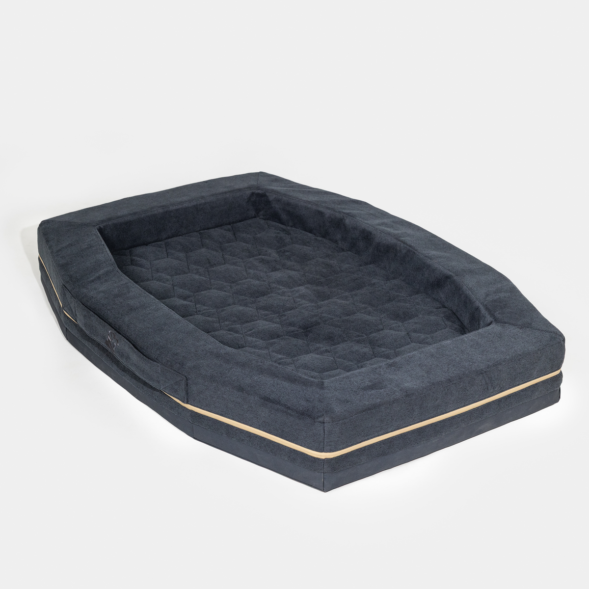 The GUNNER HOMESTEAD DOG BED in Harbor Blue is a large, rectangular bed with raised, cushioned sides and a quilted center, made from durable materials for lasting comfort, shown against a plain white background.