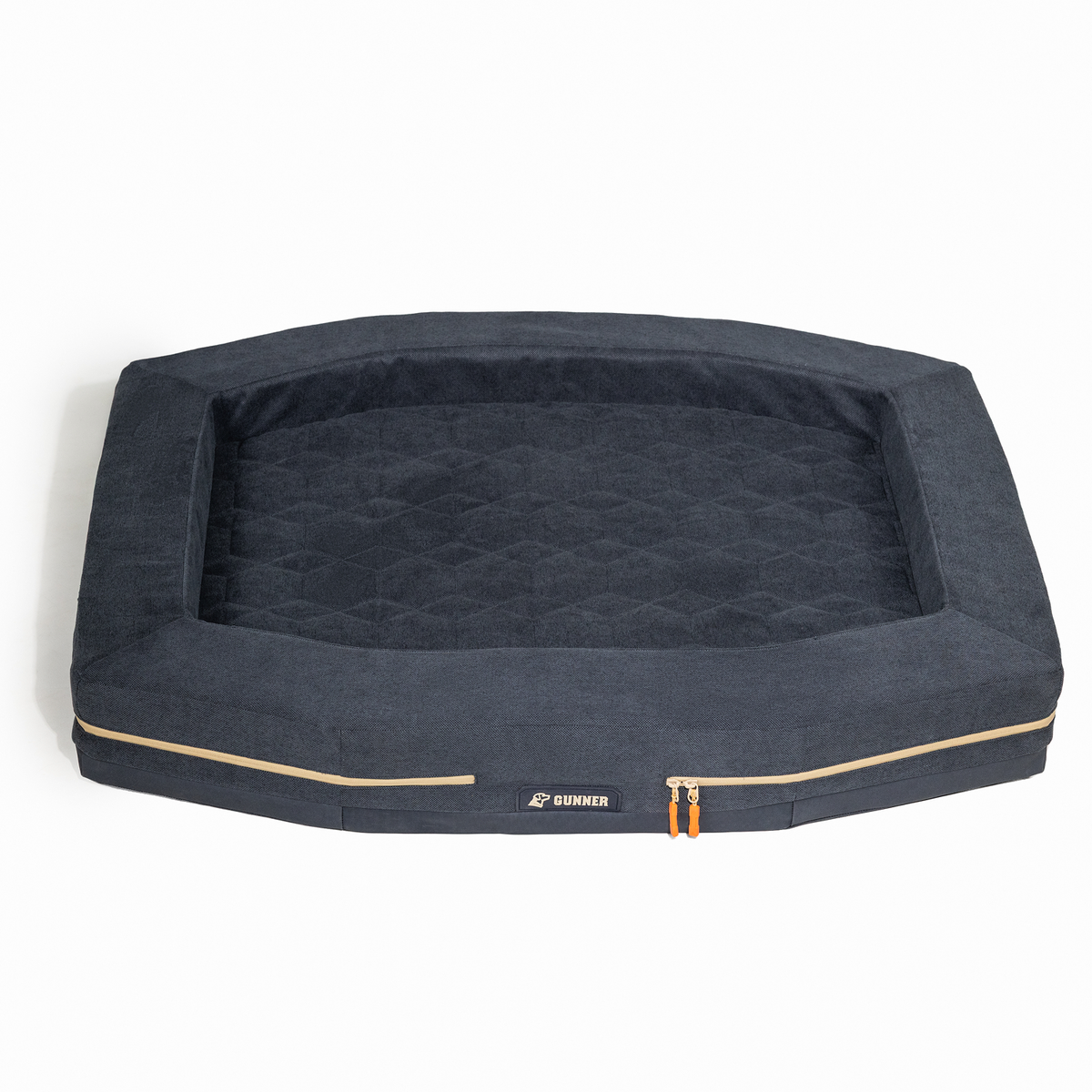 The HOMESTEAD DOG BED Harbor Blue by GUNNER is a rectangular, durable pet bed with raised edges, a quilted inner cushion, tan piping, two orange zipper pulls, and a front GUNNER logo—easy to clean for everyday use.
