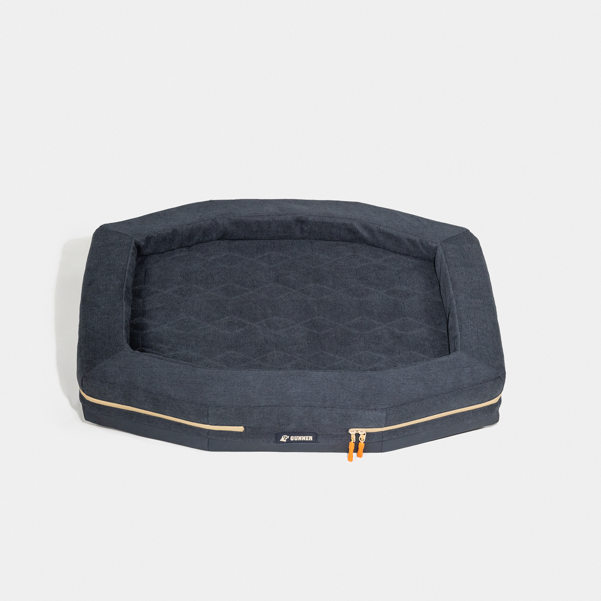 The GUNNER HOMESTEAD DOG BED in Harbor Blue is a durable, rectangular pet bed featuring raised edges, a quilted surface, and a tan zipper along the side, shown against a plain white background.