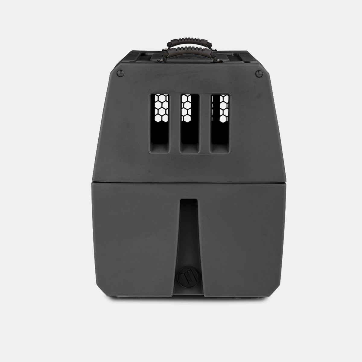 A black, rectangular pet carrier—ideal as a dog kennel for working dogs—with a handle on top and ventilation slats on the front, shown against a plain white background.