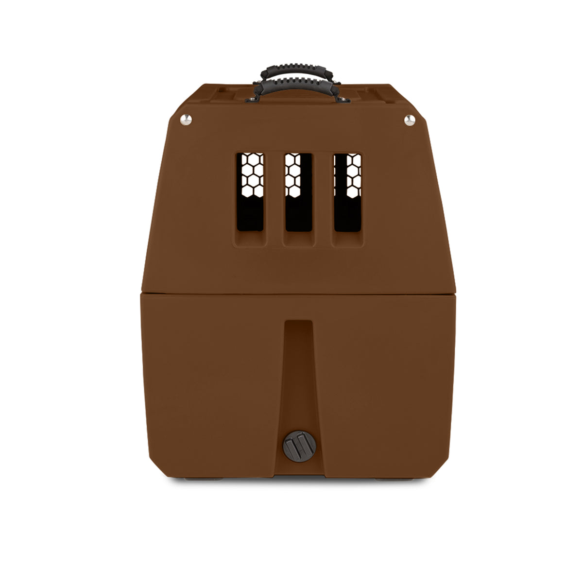 The GUNNER G1™ KENNEL - SUSQUEHANNA/MOSSY OAK SHADOW GRASS is a brown plastic pet carrier with black ventilation slats and top handle, inspired by the Archive Series—ideal for duck & goose hunters, shown front view on a white background.