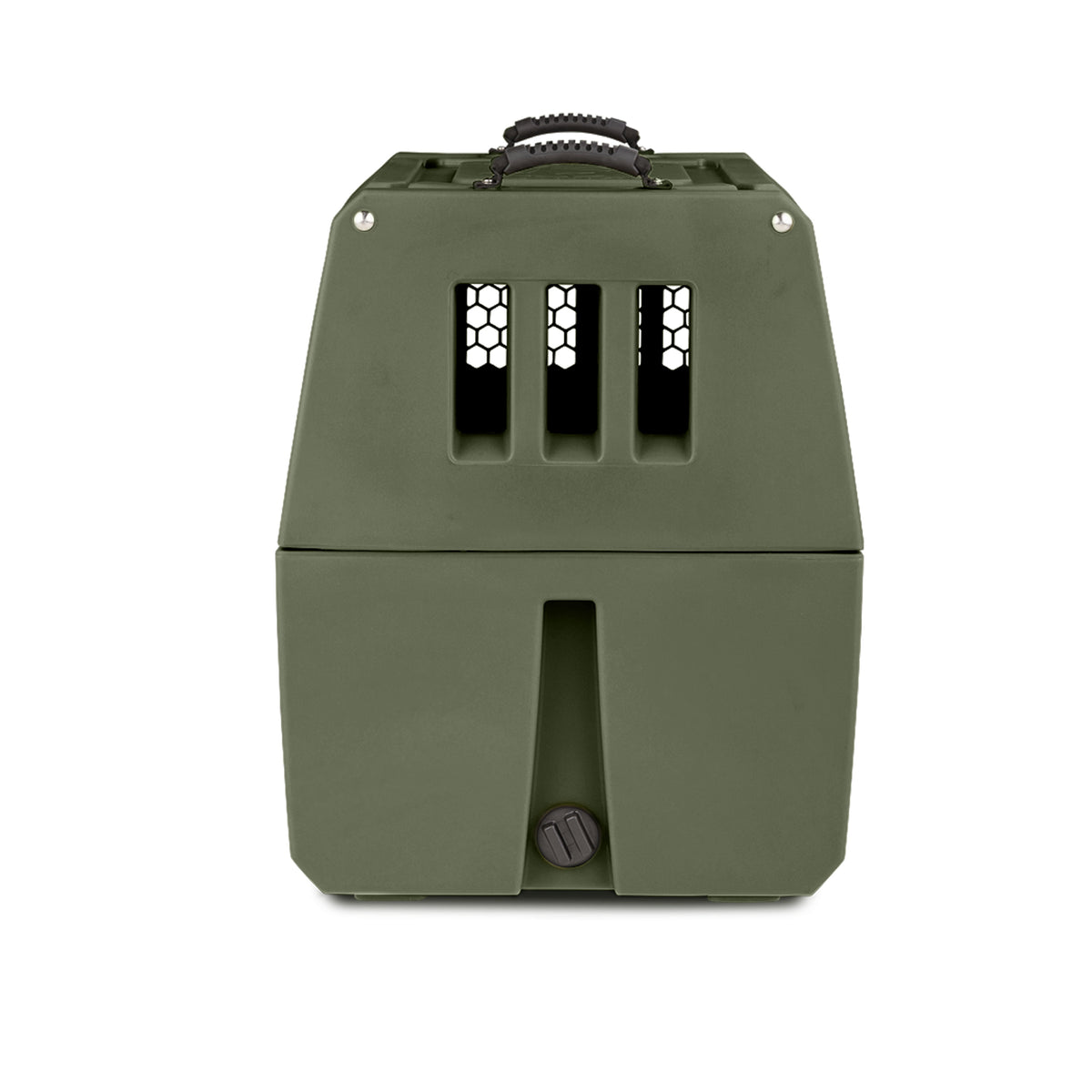 The G1™ KENNEL by GUNNER in Gunner Green features a black handle, double-walled design, vertical ventilation slots, and a twist-lock front—perfect for safely transporting small animals.