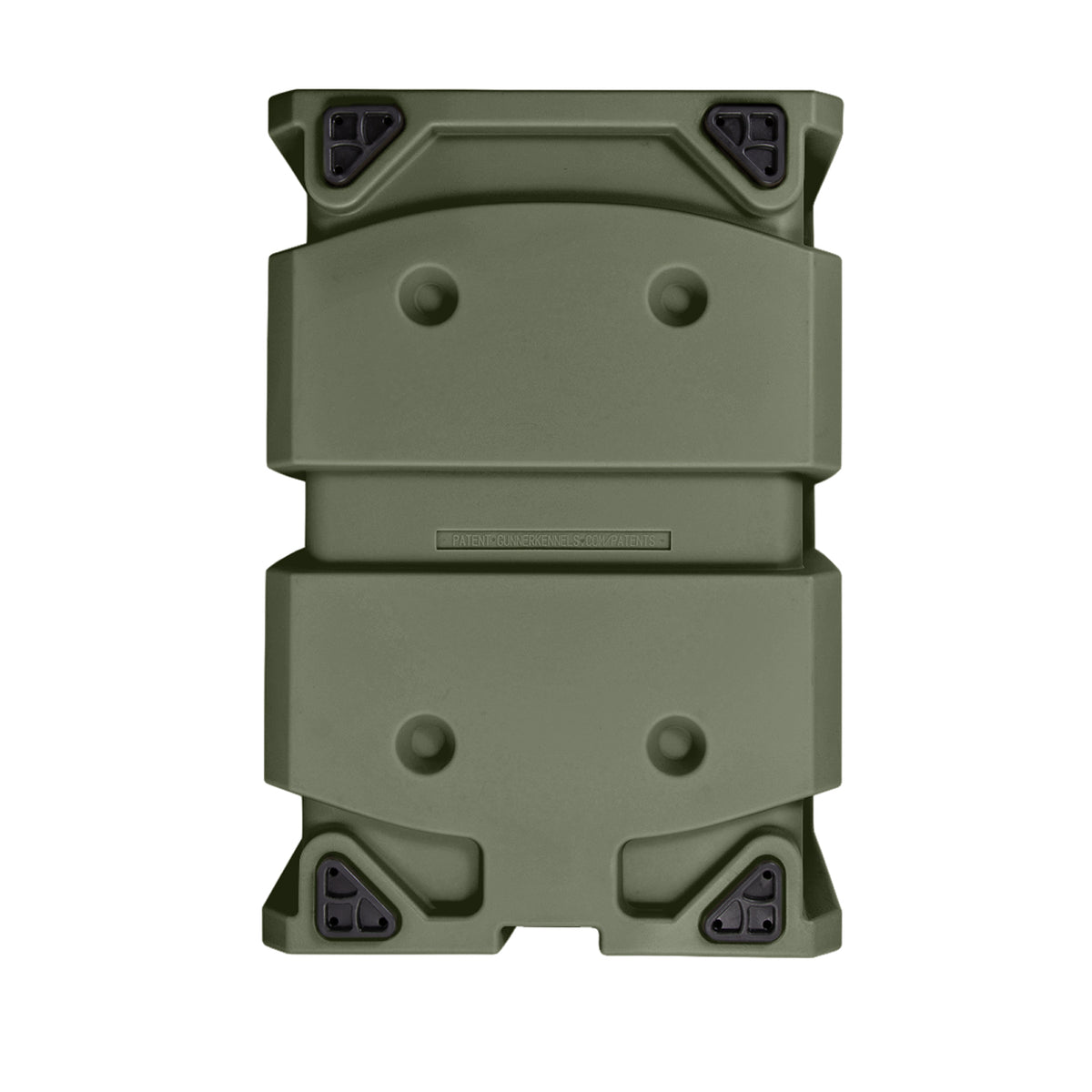 The GUNNER G1™ KENNEL in Gunner Green is a rugged, rectangular double-walled storage case with reinforced corners and four black corner latches, made in America. Seen from above on a white background.