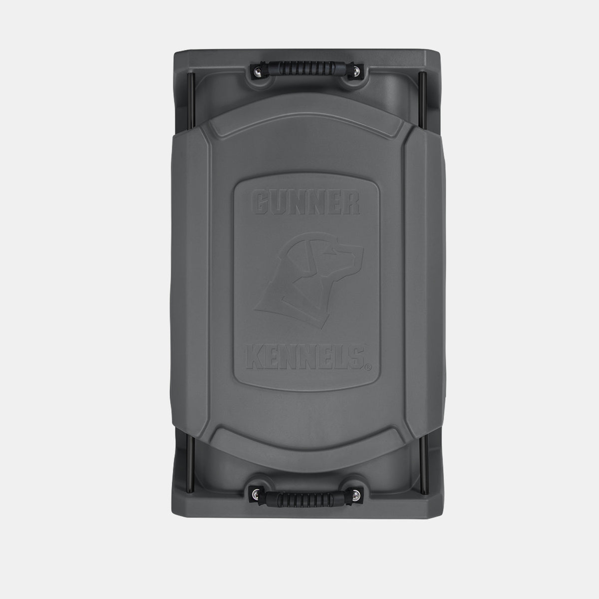 A gray, rectangular dog crate lid with “GUNNER KENNELS” embossed and a dog head logo in the center, featuring two black handles at each end—ideal for outdoor gear or any working dog’s setup.