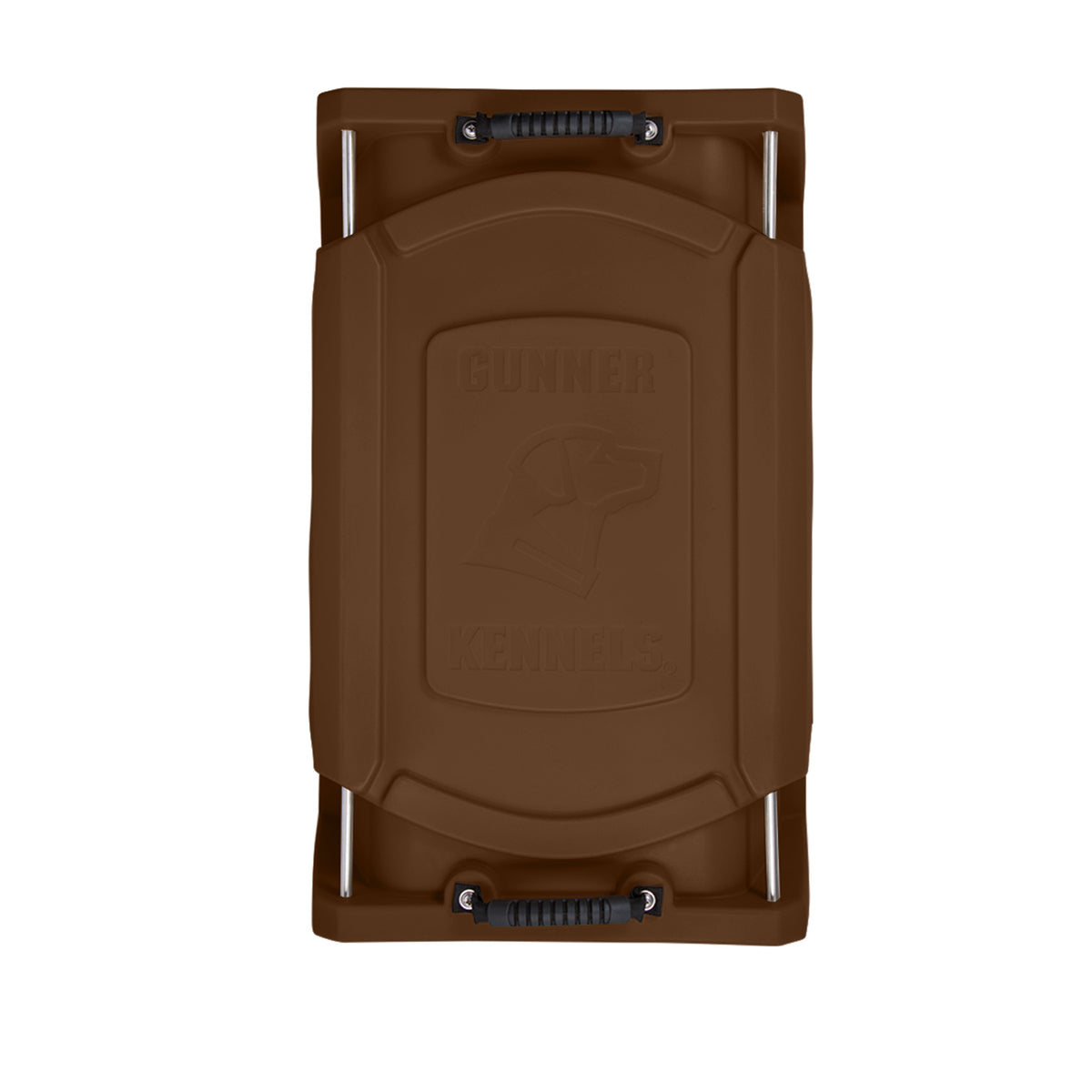 Top view of the GUNNER G1™ KENNEL in Susquehanna/Mossy Oak Shadow Grass, featuring a hard plastic door with handles, embossed Gunner branding, and a dog head logo—ideal for duck and goose hunters.