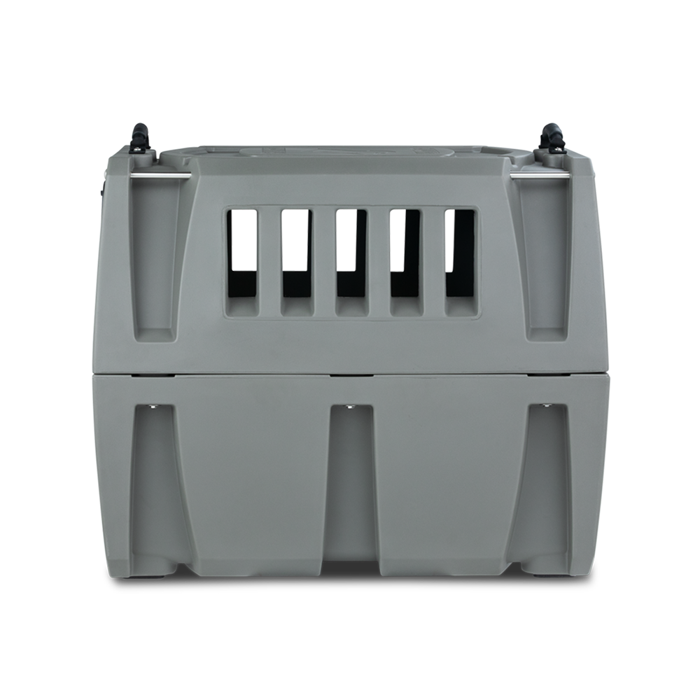 The GUNNER G1™ KENNEL in gunmetal is a durable dog crate with vertical front vent slats and secure top-corner latches, shown on a plain white background.