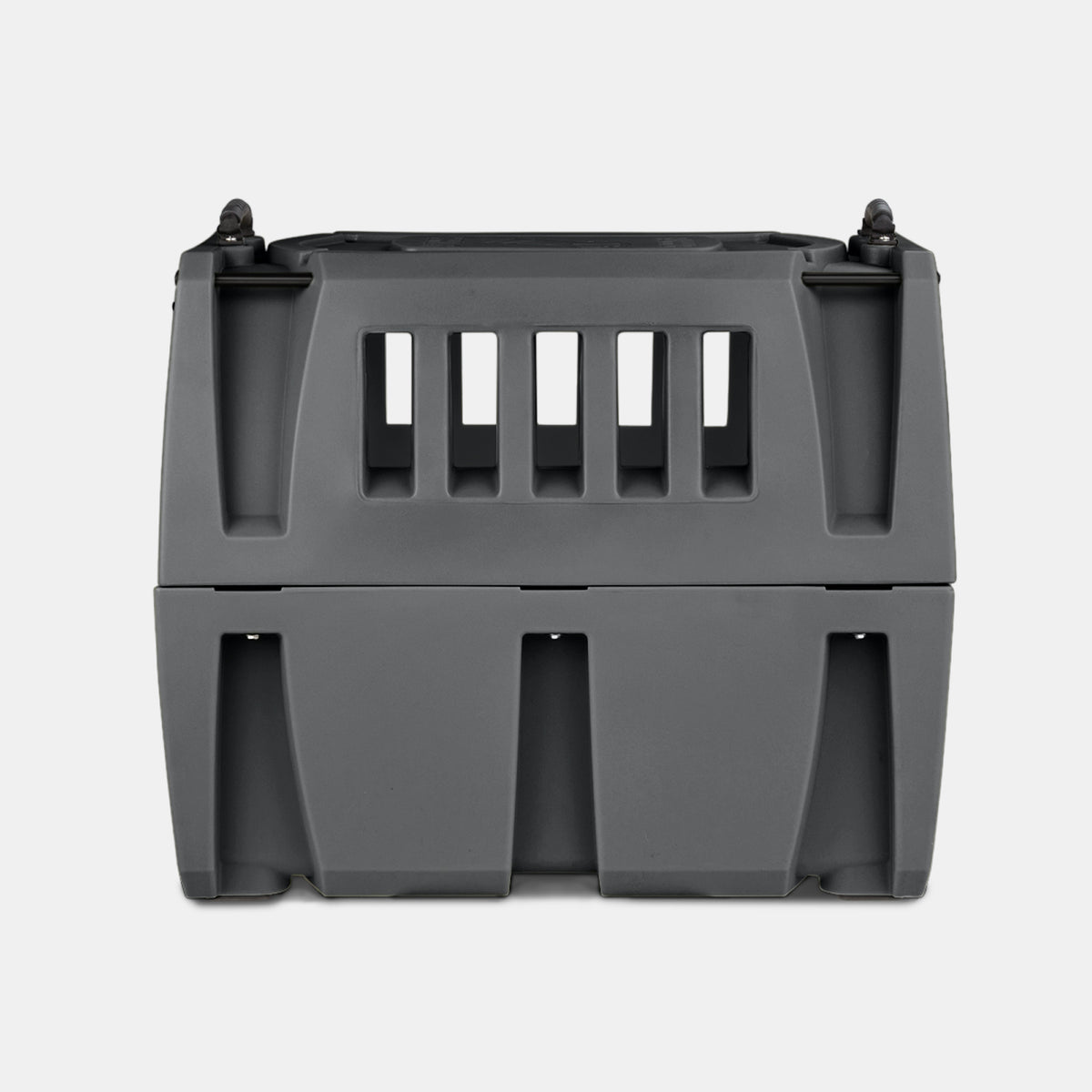 A dark gray, hard-sided plastic kennel with vertical ventilation slats on the front and two latches at the top, perfect for transporting your hunting dog or other pets, photographed against a plain white background.