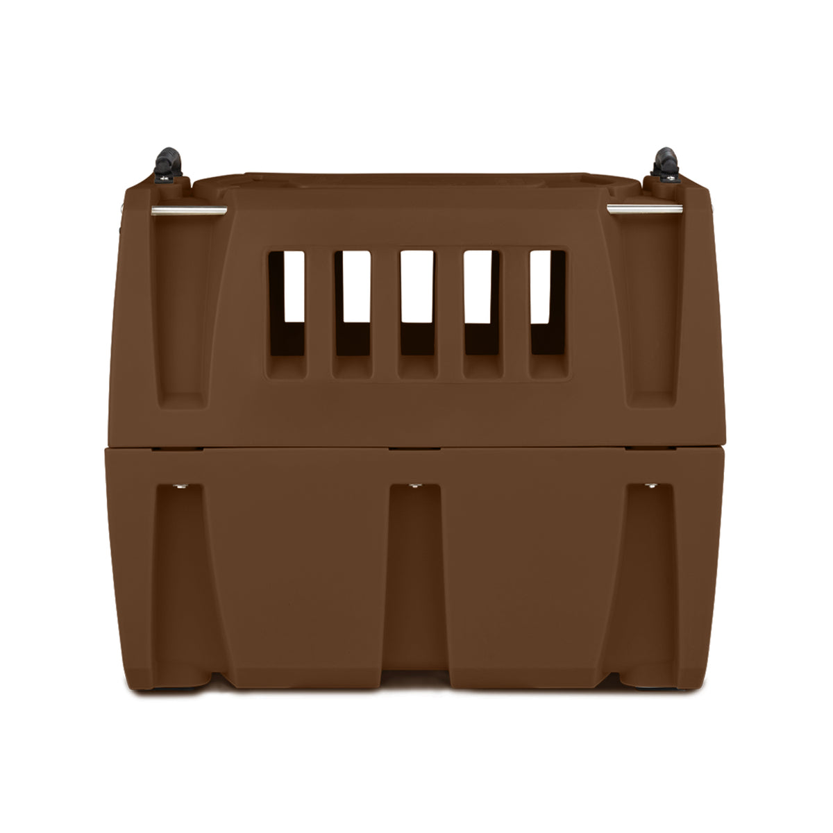The GUNNER G1™ KENNEL in Susquehanna/Mossy Oak Shadow Grass is a brown plastic pet crate with vertical ventilation slats and a top handle, shown from the front against a white background, ideal for duck and goose hunters.
