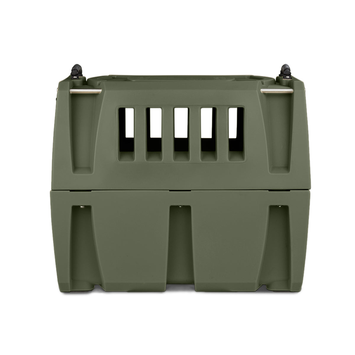 The GUNNER G1™ KENNEL in Gunner Green is a double-walled, American-made plastic crate with vertical front ventilation slats, two black top-corner latches, and a sturdy base, offering one of the safest dog crate options on the market.