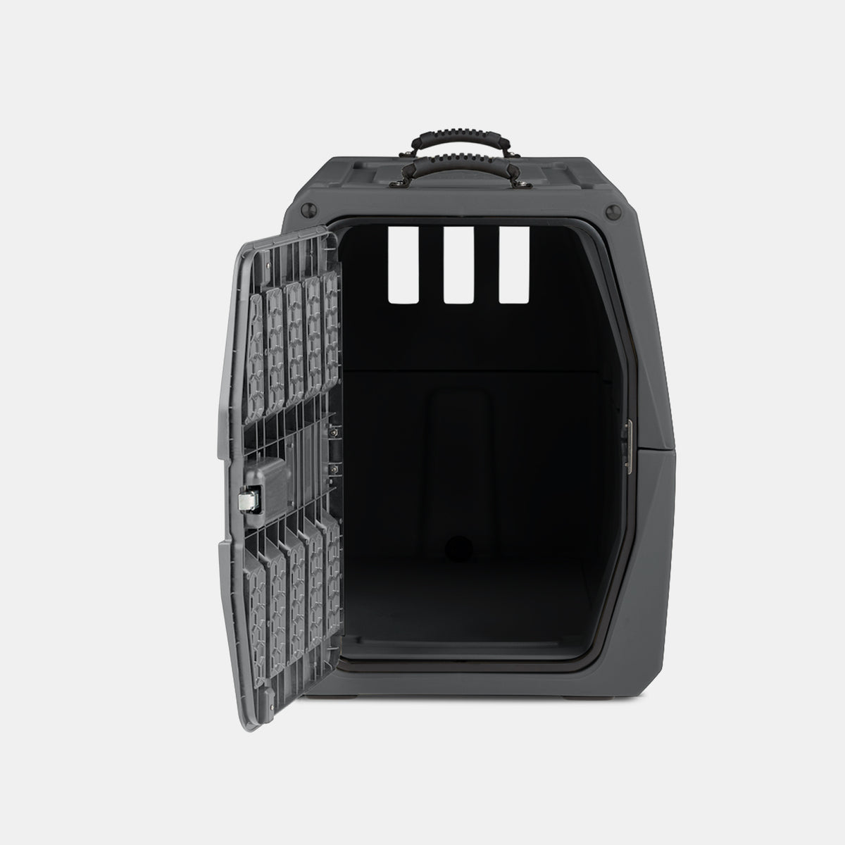 A dark gray plastic dog crate with a handle on top and an open metal door, shown from the front on a plain light background—a practical piece of outdoor gear for your pet.