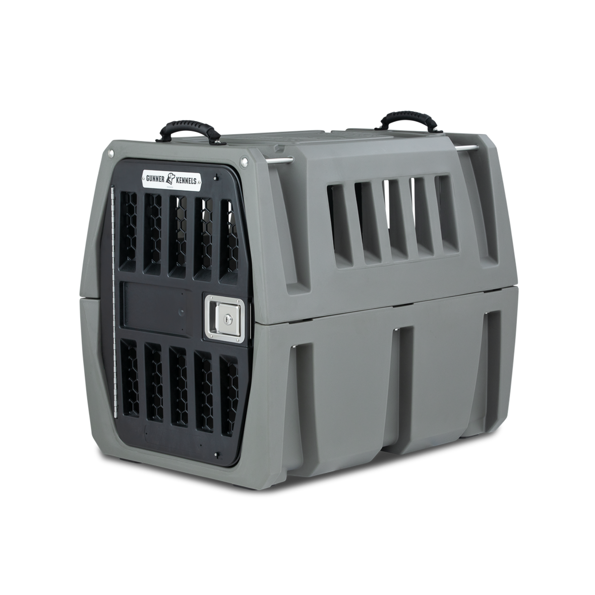 The GUNNER G1™ KENNEL - GUNMETAL is a gray plastic dog crate with a black metal door, ventilation slats on the sides, dual top handles, and a secure front latch.