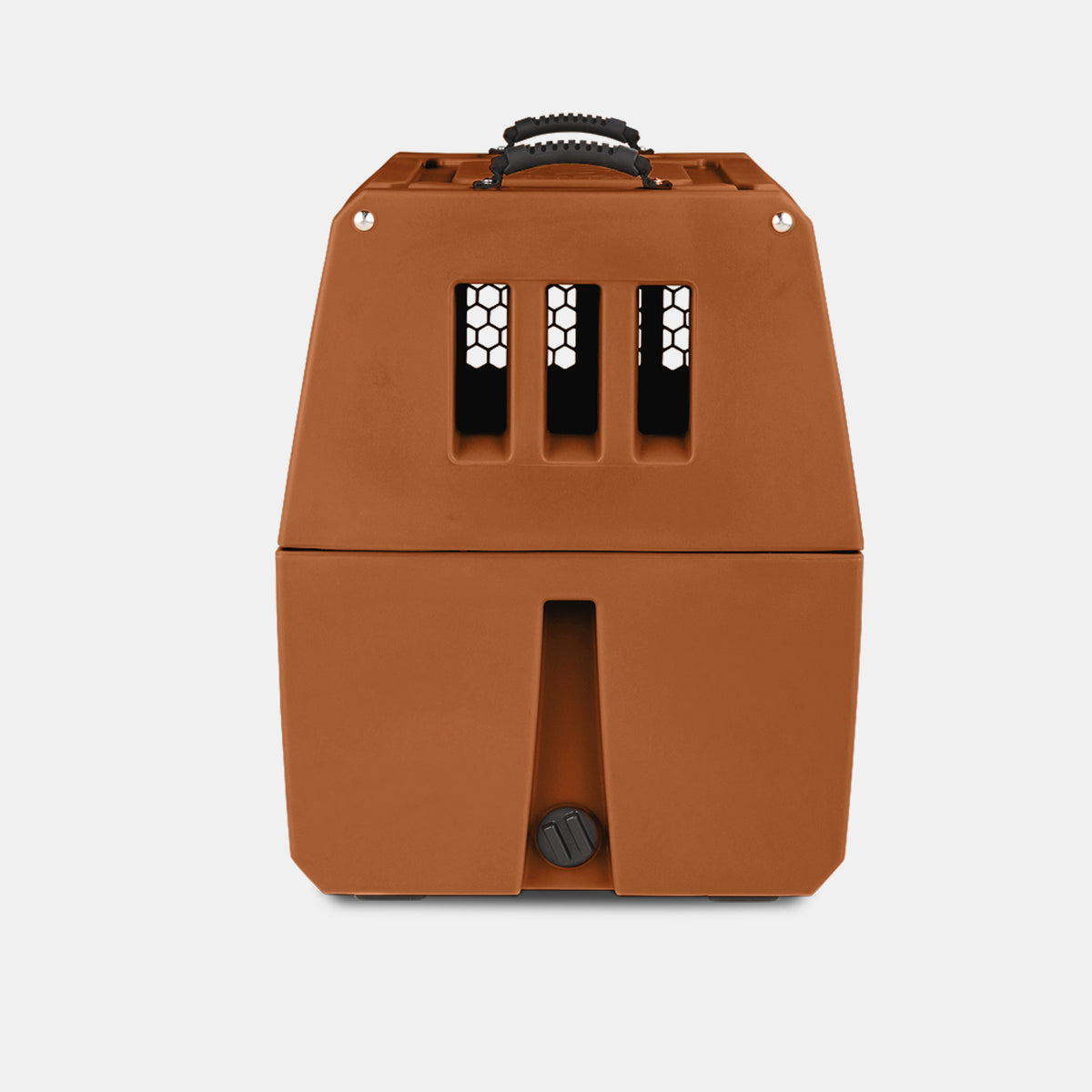 A brown plastic pet carrier with ventilation slots and a black handle on top, this compact dog kennel is shown against a plain white background.