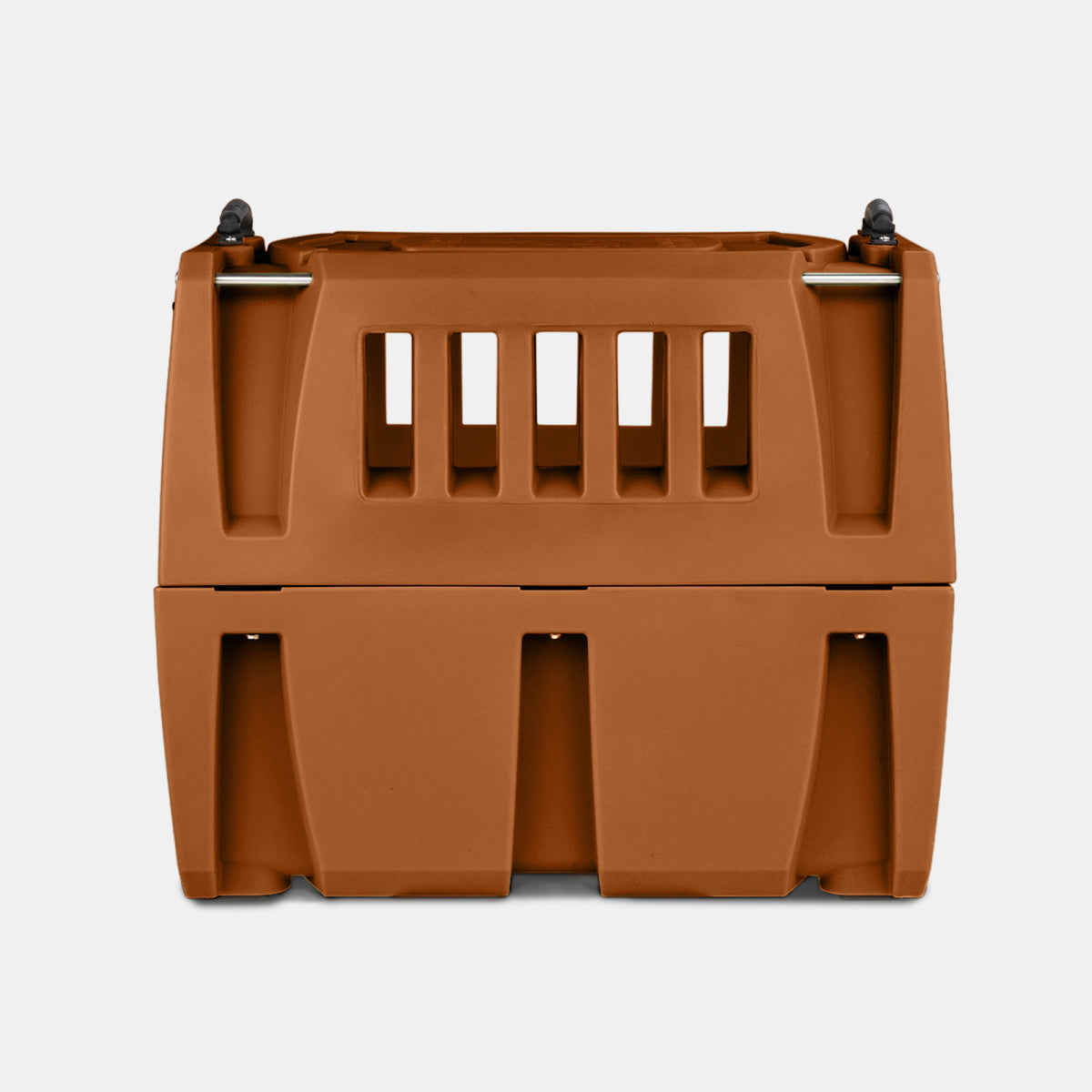 Brown plastic pet crate with a vented front panel, two top handles, and a sturdy base, designed for safely transporting animals such as hunting dogs. The background is plain and light gray.