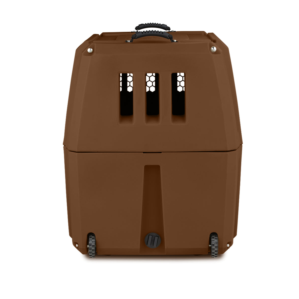 The GUNNER G1™ KENNEL - SUSQUEHANNA/MOSSY OAK SHADOW GRASS is a hard-shell pet carrier with vertical vents, a black top handle, and two wheels—ideal for duck & goose hunters.