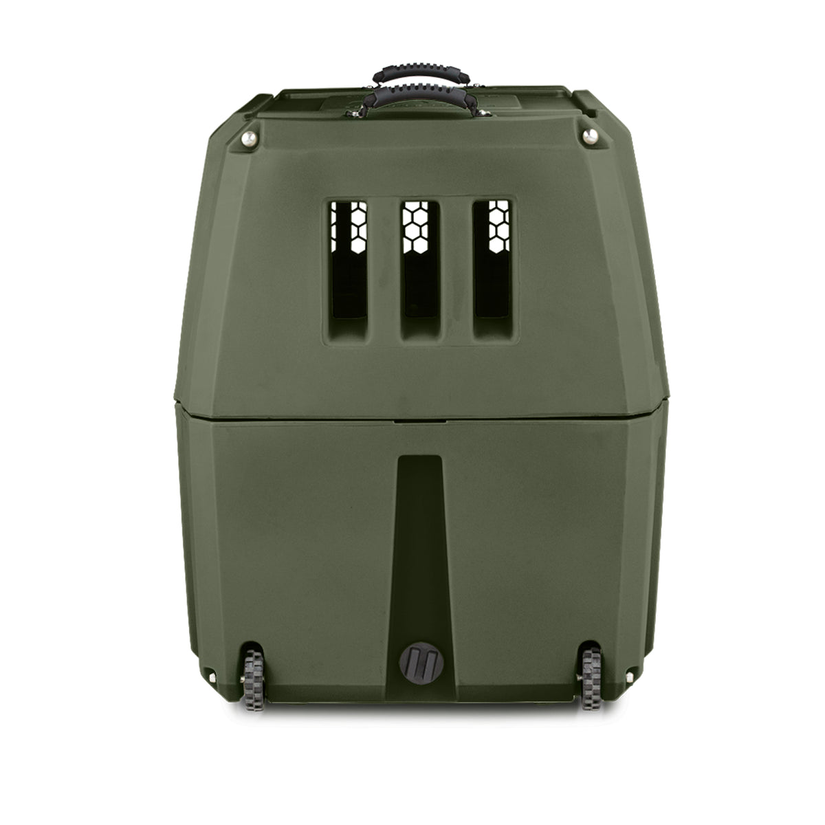 The GUNNER G1™ KENNEL in Gunner Green is a durable double-walled pet carrier with ventilation slits, a top handle, and wheels for easy transport, providing comfort and security for your pet.