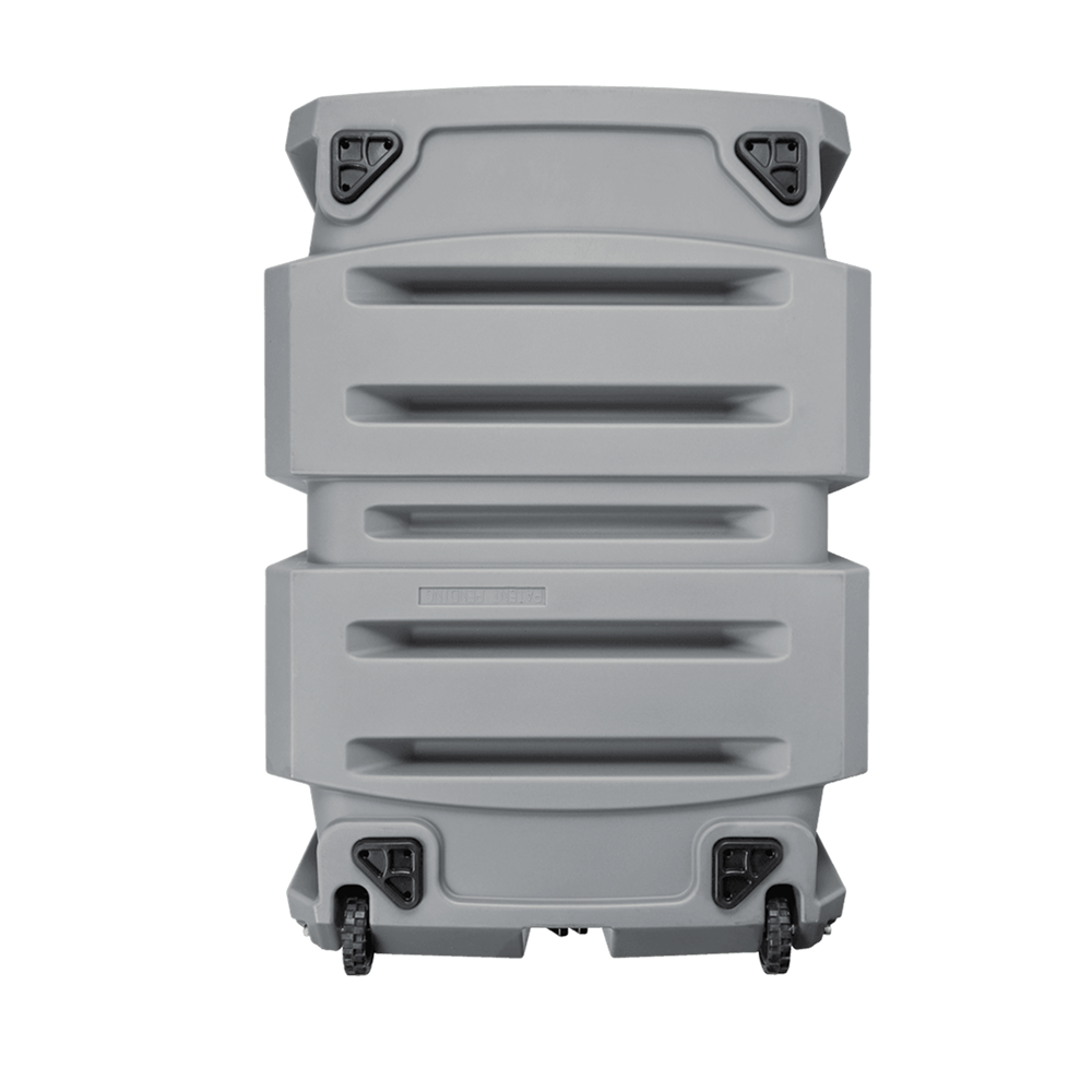 The GUNNER G1™ KENNEL in gunmetal is a large, heavy-duty dog crate with ribbed sides, two top latches, and wheels—shown upright against a white background.