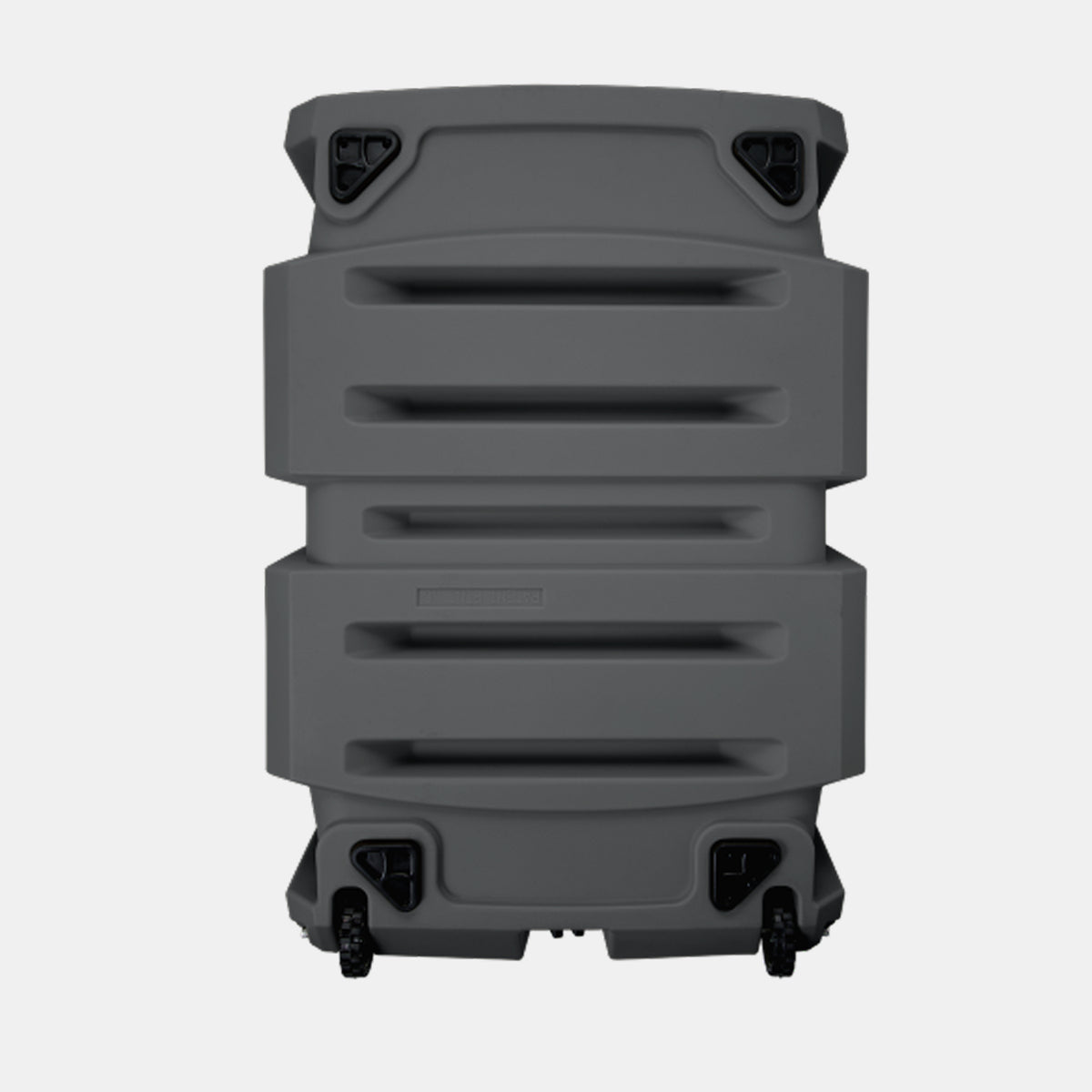 A large, rugged, dark gray hard case with four horizontal ridges, two latches at the top corners, and two wheels at the bottom stands upright against a plain white background—perfect for organizing outdoor gear or transporting supplies for your working dog.